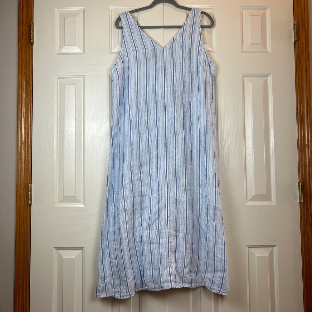 Talbots Blue White Striped Linen V-Neck Midi Dress Womens 14 Sleeveless Shift